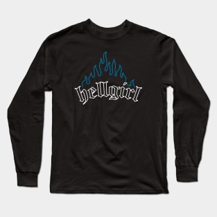 Hellgirl Aesthetic Goth Grl Grunge Design (Cyan Flames & White Text) Long Sleeve T-Shirt